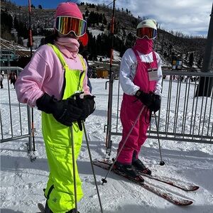 Neon Pink and Yellow Ski Jumpsuit Insulated Ski Bibs Water Resistant Snow Pants